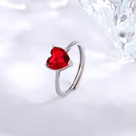 Simple Heart Red Crystal Promise Statement Ring for Women Sweet Chic Adjustable Silver Plated Forever Love Rhinestone Finger Band Rings Valentine's Day Wedding Brides Party Engagement Anniversary for Her