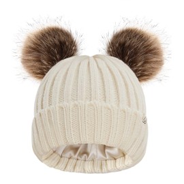 Hat Hut Toddler Beanie Satin Lined Beanie for Baby Winter Hats for Kids Double Pom Pom Beanie for Boys Girls (CA/US, Alpha, One Size, B2-Beige 2 Poms)