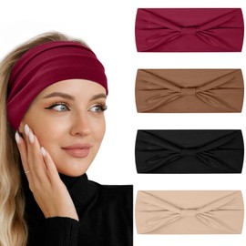 Flintronic 4 PCS Sports Damen Stirnband, Baumwollstretch Schweißband Mischfarben, Wicking Stretchy Stirnband für Frauen Sport/Yoga/Laufen/Fitness