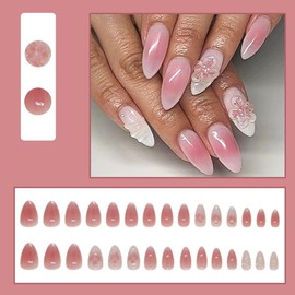 30 Pcs Spring Press on Nails Short Almond,YIHONGYAN 3D Peach Blossom Fake Nails Press ons Pink French Nail Tip Acrylic Kit Glue on Nails Full Cover False Nails with Pearl Design Stick on Nails Woman