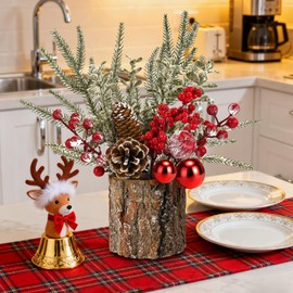 Mljsh Small Christmas Table Centerpiece with Pinecones & Red Berries, Rustic Farmhouse Christmas Centerpieces for Coffee Bar, Mantel, Kitchen Island,Window Sill & Entryway Table Holiday Decor (1pcs