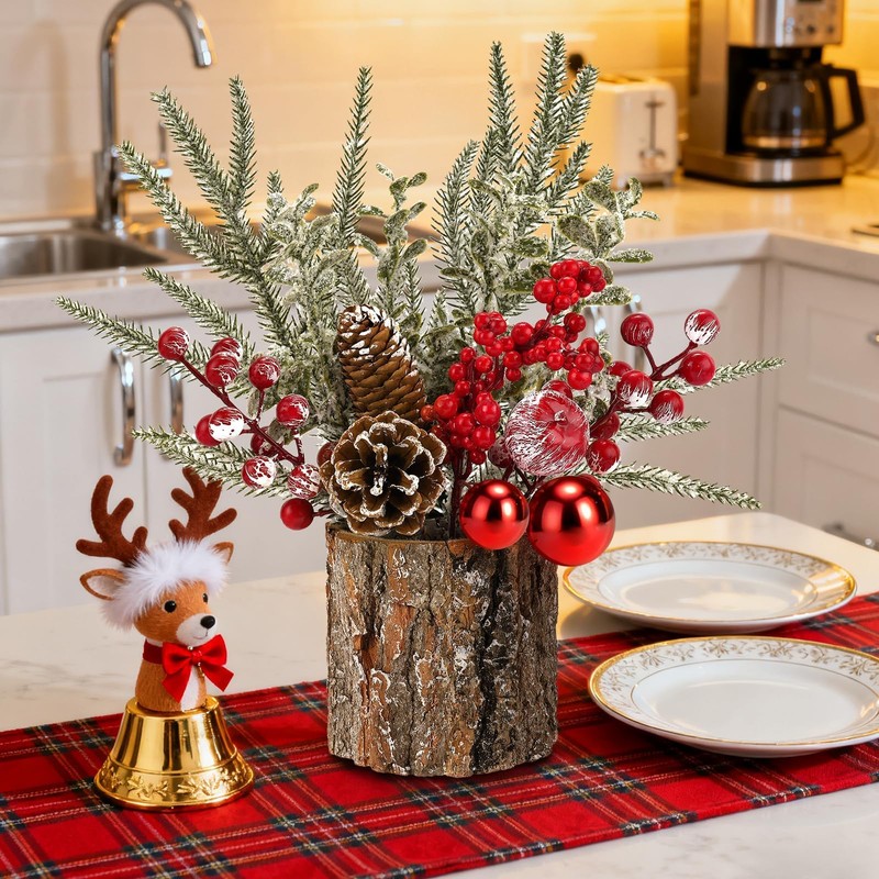 Mljsh Small Christmas Table Centerpiece with Pinecones & Red Berries,