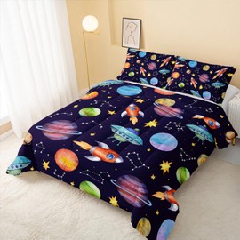 QOOMO Space Ship Kids Comforter Set, Cartoon Rocket Twin Bedding Set for Boys,Soft Lightweight Planet Print Outer Space Room Decor Bedding Set, 1 Comforter Set 2 Pillowcases