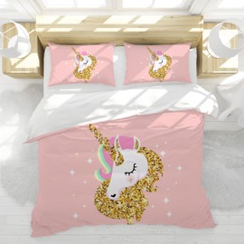 Hoimlm Unicorn Bed Linen 135 x 200 cm Children's Bedding Set with Duvet Cover and 2 Pillowcases, Cartoon Unicorn Microfibre Soft Girls Bedding with Zip Closure
