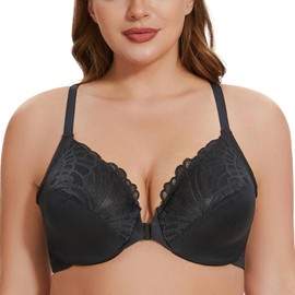 MELENECA Women's Racerback Front Fastening Lace Unlined Plus Size Underwire Bra Black 40D