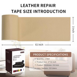Leather Repair Patch Tape, Beige 3 x 61 Inches Self Adhesive Leather Repair Kit for Furniture, Car Seat, Vinyl Leather Repair Kit for Office Chairs, Couch, Sofa, Luggage