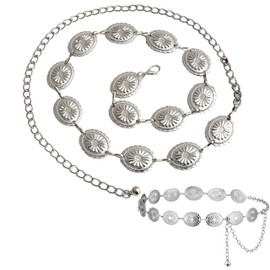 Nokwocy Gold belt, women's metal waist belt, chain belt, gold ladies, with hollowed daisy, adjustable buckles, belt gold, suitable for dresses, jeans, sweaters, stylish, Metal Concho Belt-silver