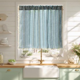 Sutuo Home Cortina Bohemia Azul de 52 pulgadas de ancho x 36 pulgadas de largo con Rayas Blancas, Cenefa Corta de Filtrado de Luz, 1 Panel Bordado Bohemio Estilo Granja Campo Cocina Tratamiento de