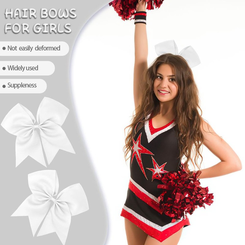 2 PCS 8" Cheer Bows, White Cheer Bow for Cheerleader,
