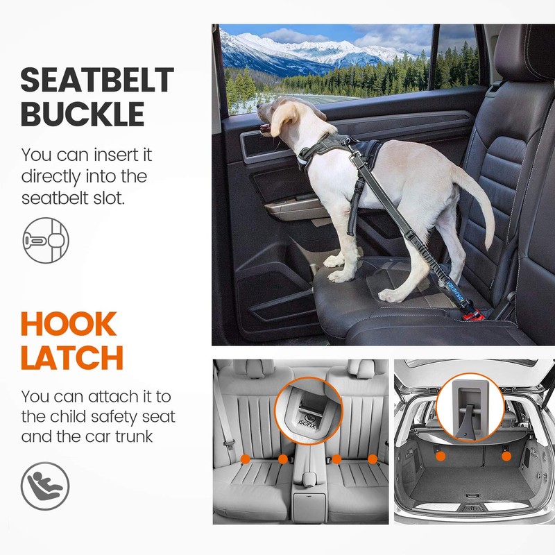 IOKHEIRA Dog Seatbelt, Updated Adjustable Harness Reflective Bungee Dog Car