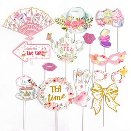 SUNBEAUTY 14 Pcs Tea Party Photo Booth Props Tea Party Decorations Alice in Wonderland Party Supplies Garden Party Bridal Shower for Girls Women