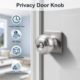 KNOBWELL Brushed Nickel Interior Door Knobs, Keyless Privacy Door Knob for Bedroom Bathroom, Stainless Steel Indoor Door Knobset, Square Rosette, 1 Pack