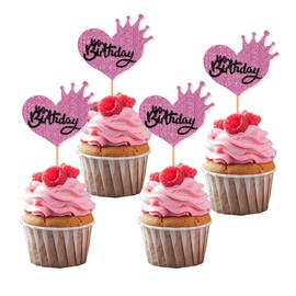 Blopee - Decoración para cupcakes de feliz cumpleaños, decoración para cupcakes de corazón morado, 24 piezas de decoración para cupcakes de princesa, decoración para cupcakes para novia, baby shower, niñas, mujeres, hombres, cumpleaños, boda, fiesta temá
