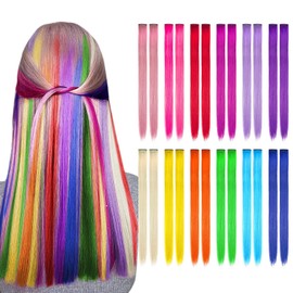 Vebetter Coloured Hair Extension Clips, 24 Pieces Colourful Hair Extension Clip Rainbow Colour Straight Synthetic Hairpiece Party Highlights Colourful Clip in Hair Extensions for Children, Women,