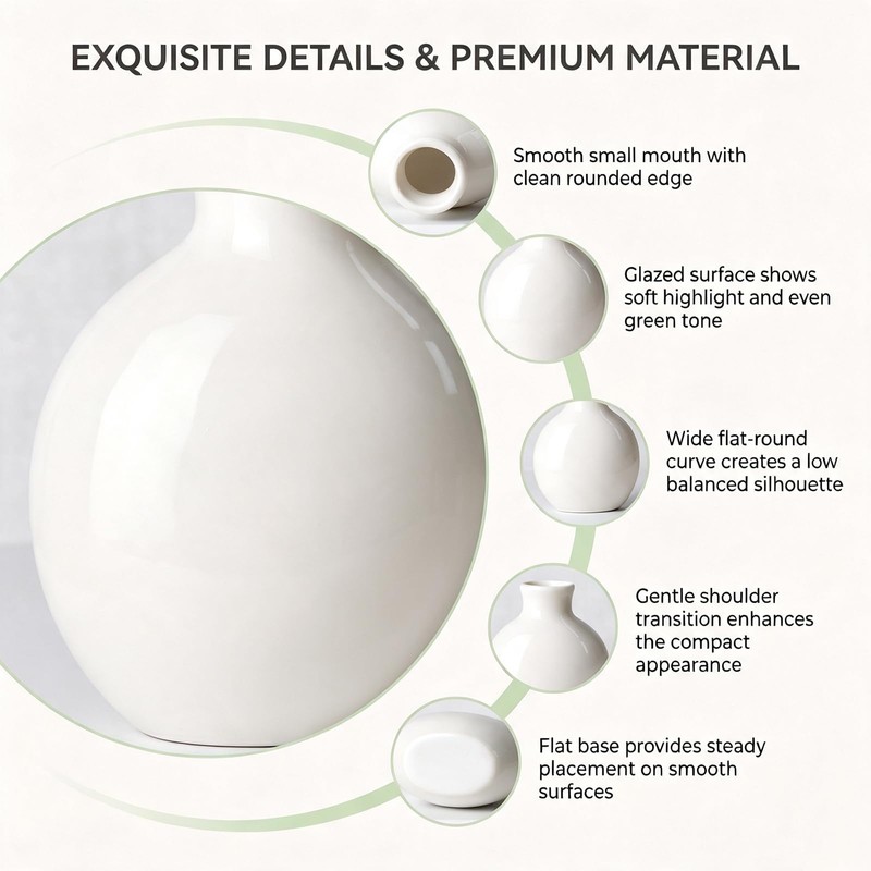 Mini White Ceramic Bud Vase Flat Round Glossy Table Decor