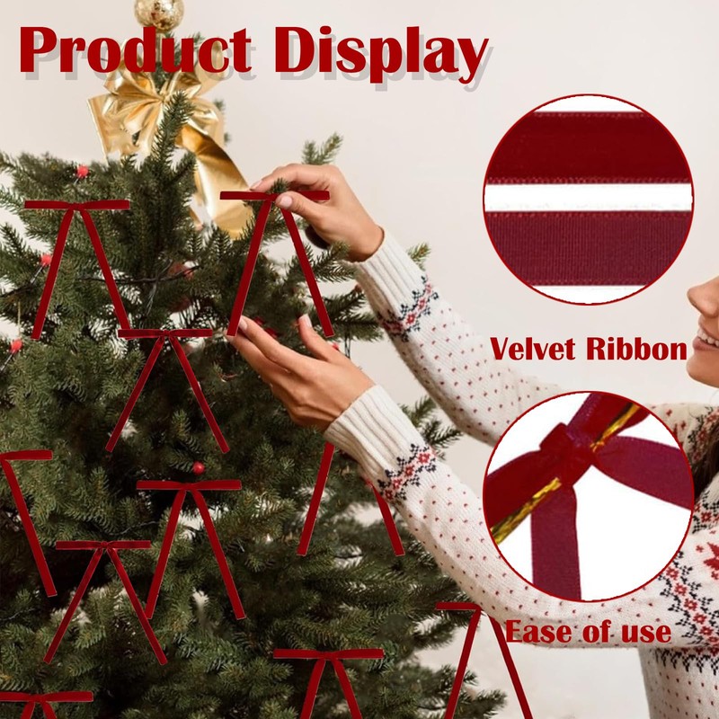KFSCIP 24 Pcs Christmas Tree Bows, Velvet Bows Christmas, Red