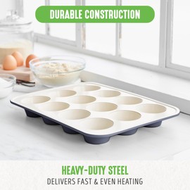GreenLife 12-Cup Muffin Pan, Healthy Ceramic Nonstick Bakeware, PFOA & PFAS-Free Cupcake Sheet, Durable Baking Tray, Versatile Kitchen Essentials, Easy Clean Muffin Mold, Nonstick Baking Pan, Black