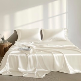 Madison Park Satin Sheets Twin Size, Luxurious Silky Bed Sheets, Elastic 14" Pocket fits up to 16" Mattress, Wrinkle-Free, Soft Satin Bed Sheet Set, Ivory 4 Piece