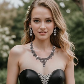 BriLove Women's Wedding Bridal Jewelry for Bride Teardrop Cluster Crystal Statement Necklace Dangle Earrings Set Grey Black-Tone