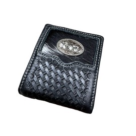 Urbalabs Mens Cow Hair Cowboy Cowboy Praying At Cross Basketweave Bifold Western Leather Wallet High End Hand Stitched Leather Style Mens Wallets Leather Bull Rider Rodeo Gifts For Men (Black)