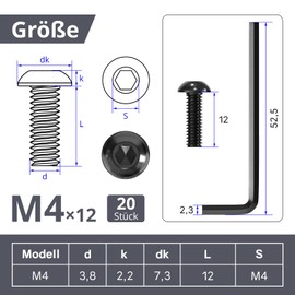 ORTAVA Pack of 20 M4 x 12 round head screws, ISO 7380, flat head screws, hexagon socket carbon steel, full thread with Allen keys