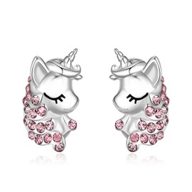 Unicorn Earrings for Her, Hypoallergenic 925 Sterling Silver Pink CZ Cute Babyface Stud Earrings, Birthday Gift for Daughter Granddaughter