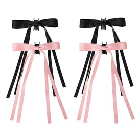 4 PCS Hair Bow Clips, Tassel Ribbon Bowknot Hair Clips with Long Tail, Ballet Style Solid Hair Barrettes Bow, Ponytail Holder Alligator Claw Bow Hair Accessories for Women (Black & Pink)
