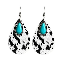 Western Cow Sunflower Earrings Natural Wooden Cactus Teardrop Turqoise Animal Print for Women Wild West Texas Costume Christmas Jewelry-Cow Print