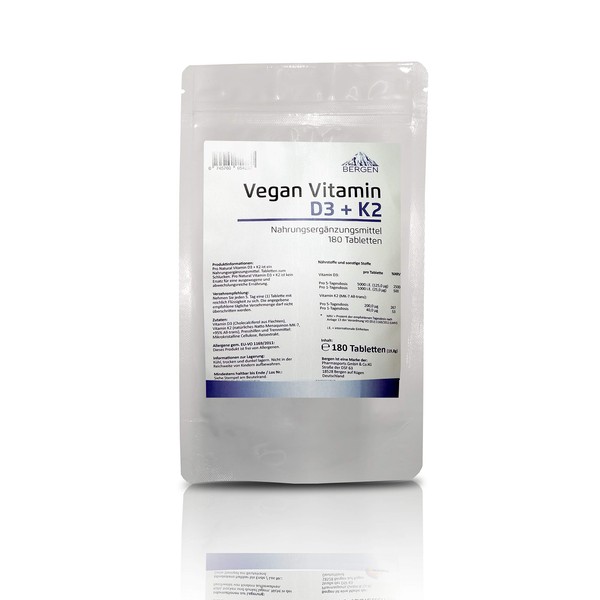 Bergen - Vitamin D3 5000 IU & Vitamin K2 MK7 200mcg - (180 Vegan Tablets)