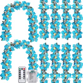 Canlierr 10 Set Christmas Garland with LED Light, Prelit Poinsettia Garland with Holly Leaves Berries Artificial Poinsettia Garland Decoration with Lights for Xmas Railing Decor(Light Blue)
