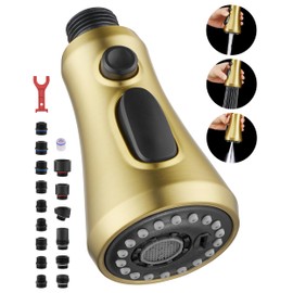 HEISOK Kitchen Faucet Head Replacement, 3-Function Pull Down Faucet Spray Head with 15 Adapters - Replacement Pull-Out Sink Spout Sprayer Nozzle, Brushed Gold