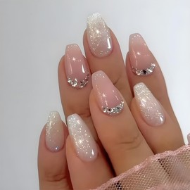 Cute Pink Press on Nails Medium Glossy Fake Nails Coffin Shaped Acrylic False Nails with Rhinestone Glitter Designs Full Cover Reusable Artificial Stick on Nails Holiday DIY for Women 24 Pcs