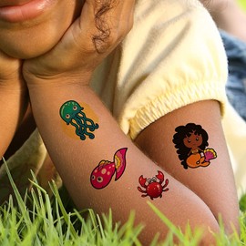 16 x Mermaid temporary tattoos sheets kid 4,5,6,7 girls children transfer stick on star fish dolphins whales crabs shells ocean sea animals stickers kids party birthday bag fillers gift