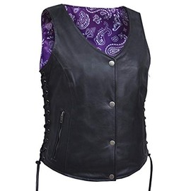 Motorcycle Womens Patch Access Purple Paisley Liner Light weight Leather Vest Side laces & 2 Gun pockets (M)