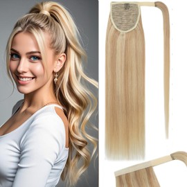Rich Choices Ponytail Extension 100% Real Human Hair Wrap Around Remy Ponytail Extension for Women Clip In Long Pony tail Extensions Straight 20 Inch #18P613 Ash Blonde Highlighted Bleach Blonde