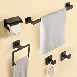 Taucent Towel Racks for Bathroom Black,5-Piece 16" Towel Bar Bathroom Hardware Accessories Wall Mounted Include Towel Bar,Toilet Paper Holder with Shelf,Towel Holder,Towel Robe Hook Matte Black