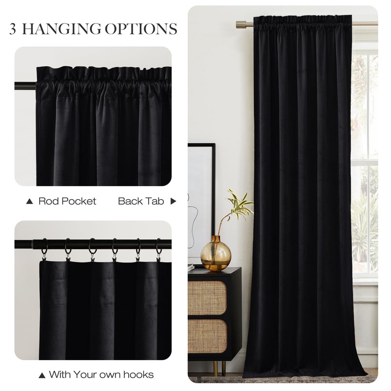 NICETOWN Black Velvet Blackout Curtains 96 inch Long for Bedroom