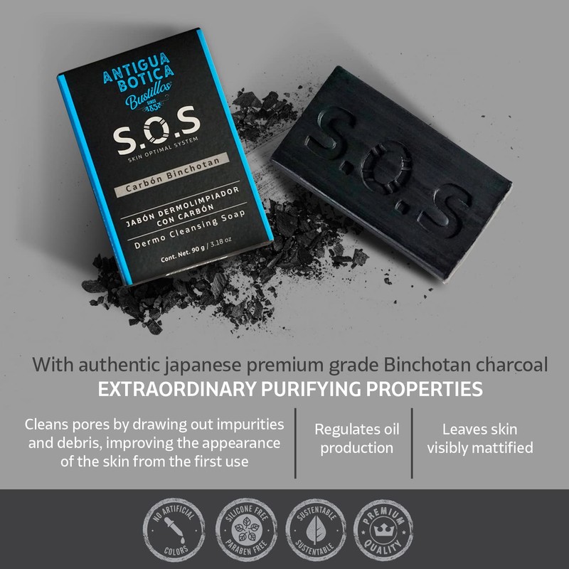 ANTIGUA BOTICA, S.O.S SKIN OPTIMAL SYSTEM, Binchotan Charcoal Facial Soap|