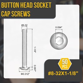 DTGN #8-32x1-1/8 Button Head Socket Cap Screws - 50Pack - Good for Road Bicycle, Mountain Bike, Auto, Motorcycle - 304 Stainless Steel Whitewashed - Hex Socket Drive Fasteners