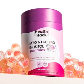 Health Hack Myo y D-Chiro Inositol en Gomitas, Ratio 40:1, 2000 mg Mio y 50 mg D-Chiro Vitamina B8 por Porción, Sabor Fresa, Suplemento Vegano para Mujer Sin Azúcar, 60 Gomitas