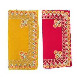 Set of 2 Decorative Mat Aasan Velvet Pooja Cloth (Size: -12 Inches x 12 Inches) for Multipurpose Indian Traditional Pooja Festival Decorations Item Pooja Article Yellow Laxmi (Pink, Yellow)