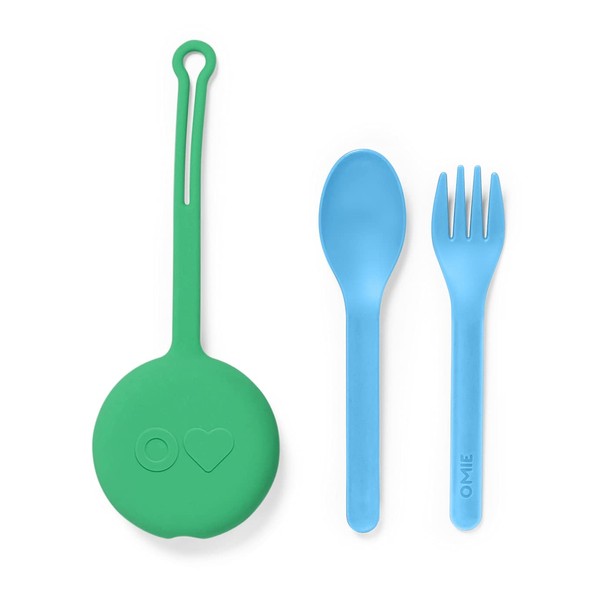 OmieBox - Juego de utensilios para niños con estuche - 2 piezas de plástico, tenedor reutilizable y cuchara cubiertos con cápsula para niños (verde menta)