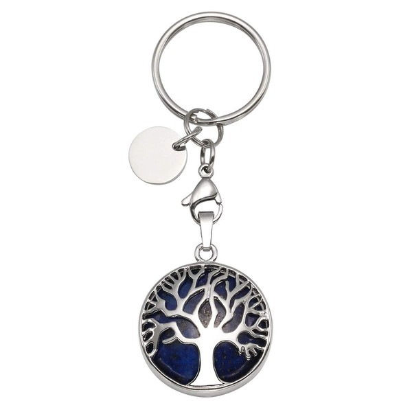 JOVIVI Silver Tree of Life Amethyst/Rose Quartz/Clear Crystal Healing Reiki Chakra Natural Gemstone Pendant Keychain Handmade DIY ID Tag Keychain Keychain, Dyed lapis lazuli,