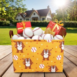 ASKETAM Kid Cute Storage Basket Baby Gift Basket Collapsible Rectangle Canvas Storage Bin for Nursery Playroom Bedroom Decor Organizer (Cartoon Bear Baseball)