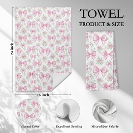 WARDOS Pink Coquette Bow Floral Kitchen Towels, Girly Preppy Pink Bow Hand Towels for Bathroom Kitchen Decorative, Rustic Cottagecore Floral Dish Tea Towels Drying Cloth, 16x24 Inch