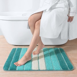 DEXI Bath Mat Bathroom Rug Absorbent Non-Slip Washable Shower Floor Mats Small Carpet 16"x24",Turquoise Teal and White