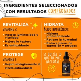 Serum Vitamina C + Ácido Hialurónico + Vitamina E | 95% Ingredientes Naturales | Skin Care | Luminosidad, Hidratación, Firmeza y Tono más Uniforme | T