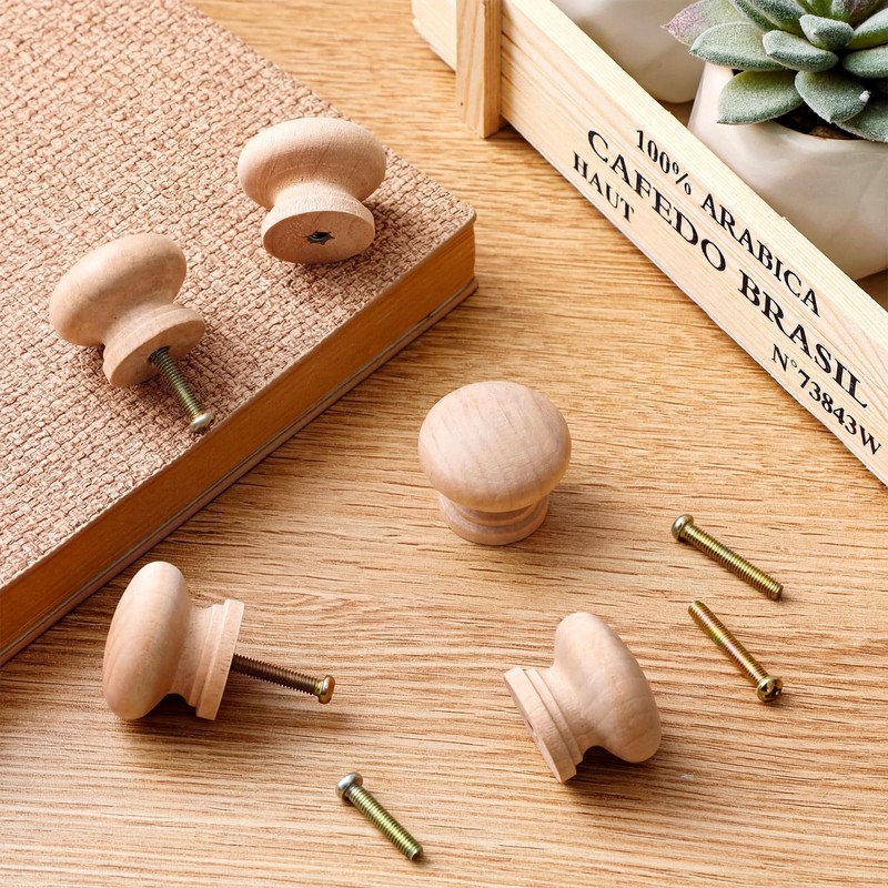 Pinkunn 50 Pcs Wood Unfinished Drawer Knobs, Round Mushroom Shape