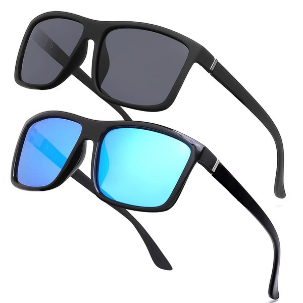 NIEEPA Men's Driving Sports Polarized Sunglasses Square Wayfarer Fashion Glasses(MatteBlack/Grey+GlossyBlack/BlueMirror)