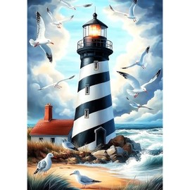 Lxmsja Lighthouse Diamond Painting Kits for Adults, DIY 5D Full Drill Seagulls Diamond Art Kits for Beginners, Peinture Diamant Arts and Crafts for Adults, Home Wall Decor 12x16 inch